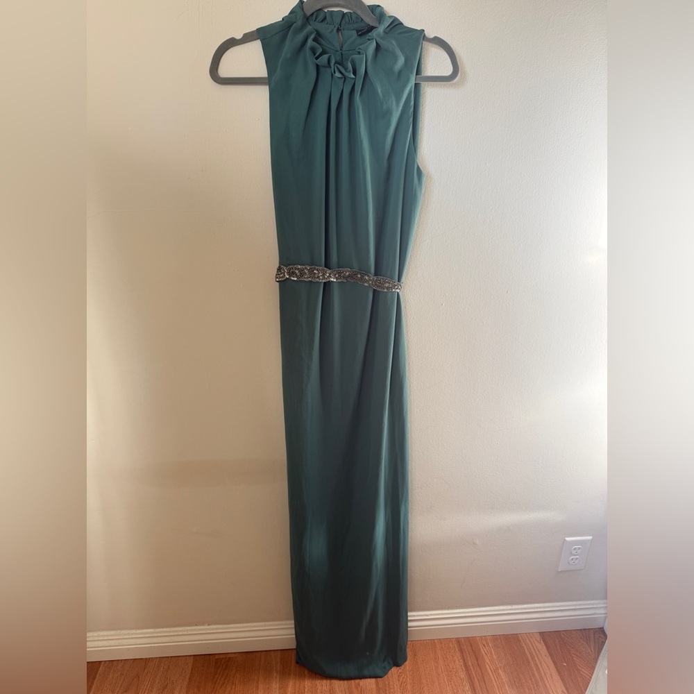 Zara Green Pinch Pleat Neckline Belted Maxi Dress Size Medium NWT